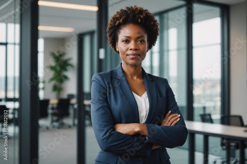 Portrait of Confident proud African American lady lawyer wearing suit standing arms crossed in office near glass wall