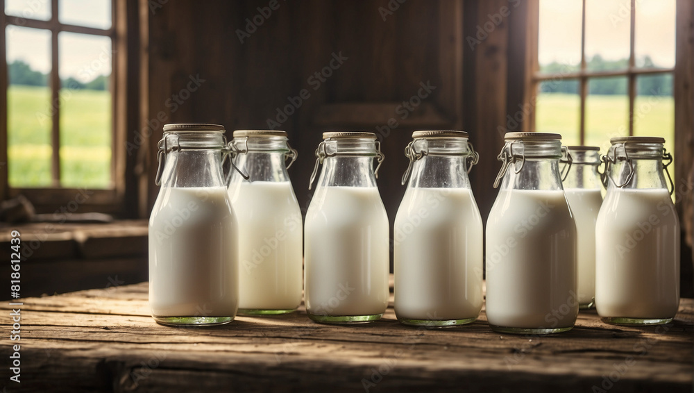 Milk Bottles on a Farm Table Milk Bottles on a Farm Table