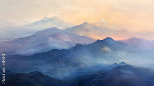 A dawn mountain range oil painting on canvas, with soft, pastel colors capturing the early morning light