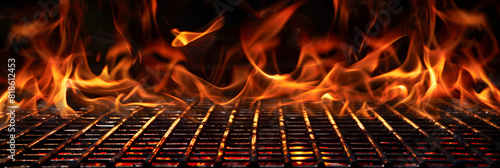 Barbecue Grill With Fire Flames - Empty Fire Grid On Black Background photo