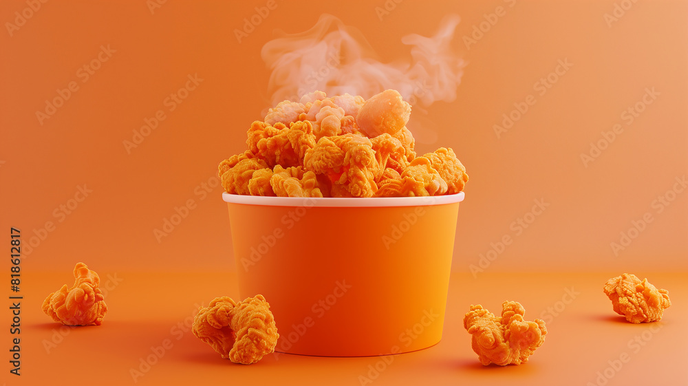 Artistic 3D representation of a bucket of fried chicken, steam rising, on a solid orange background Artistic 3D representation of a bucket of fried chicken, steam rising, on a solid orange background