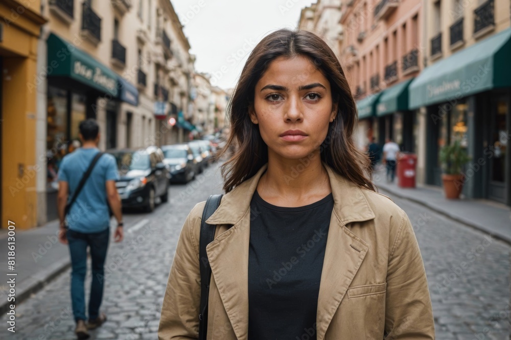 portrait of Young beautiful hispanic woman standing with serious expression at street