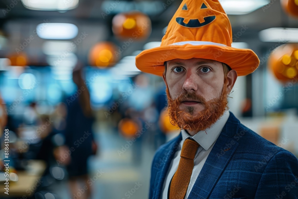 An office worker dressed in Halloween costume in a corporate setting An office worker dressed in Halloween costume in a corporate setting
