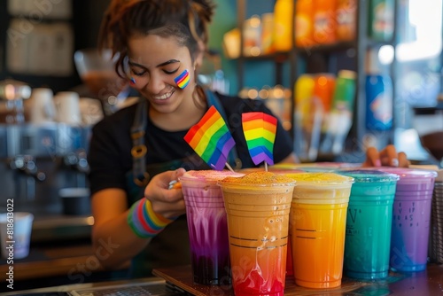 A barista serving rainbowcolored lattes in a Pridethemed cafe photo