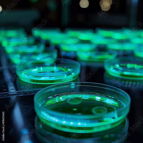 A series of glowing petri dishes arranged on a laboratory surface, illuminated in vibrant green and blue hues. 