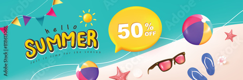 Colorful Summer sale promotion banner with beach vibes background layout banner design