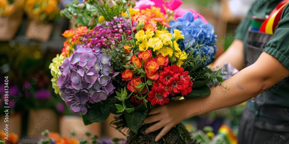 A florist creating rainbow bouquets for Pride Month A florist creating rainbow bouquets for Pride Month