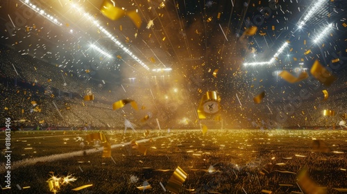 A soccer championship win in the evening stadium arena! Tinsel and confetti. Toning in yellow. photo