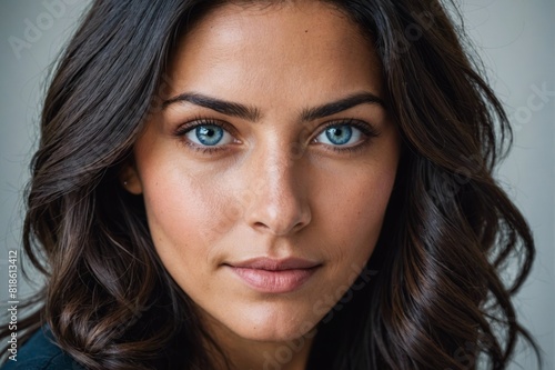 Portrait of pretty latin woman dark hair, blue eyes.