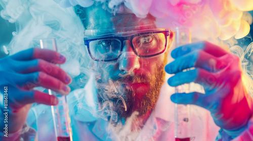 Man scientist in laboratory holding test tubes and beakers. Chemical research. Scientist conducts an experiment in the laboratory. Image in vivid colors. 