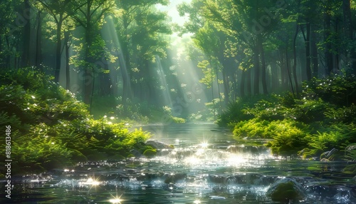 Serene forest stream with sun rays filtering through the trees, casting a soothing light on the clear water and lush greenery.