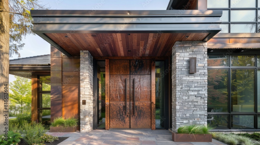 Modern house with rustic entrance door Generative AI Modern house with rustic entrance door Generative AI