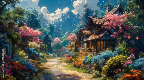 Whimsical village with charming cottages surrounded by vibrant flowers, colorful trees, and a bright pathway under a clear sky.