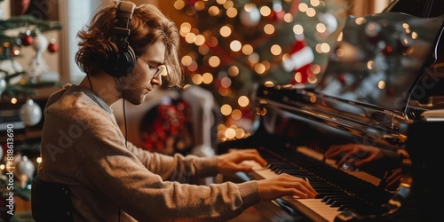 A musician composing holiday music for a commercial photo
