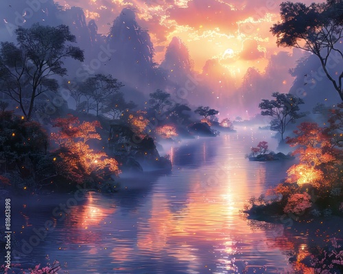 Ethereal sunset over a tranquil river surrounded by misty trees and hills, creating a serene and magical landscape.