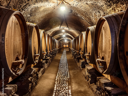 Weinfässer in einem Weinkeller. Weingut mit alten Wein. photo