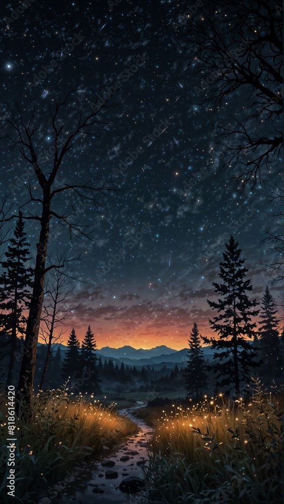 Meadow path at night with a starry sky glowing fireflies and a colorful sunset in the distance Meadow path at night with a starry sky glowing fireflies and a colorful sunset in the distance