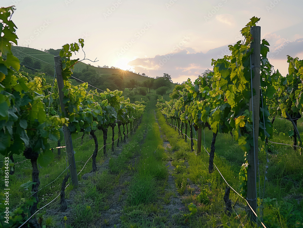 Naklejka premium Weinanbau, Weinberg mit Weisswein oder rotwein in idyllischer Landschaft