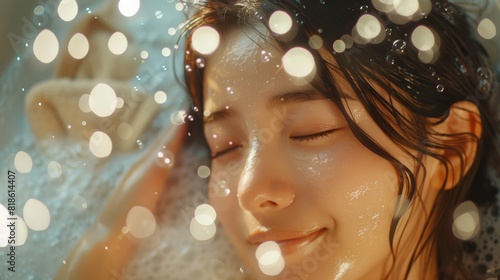 Happy Asian Woman Washing Hair in Bubbles for Fashion Commercial Generative AI