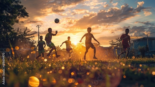 An action sport outdoors of a group having fun playing soccer football for exercise in community rural area streets under the sunset.Ai photo