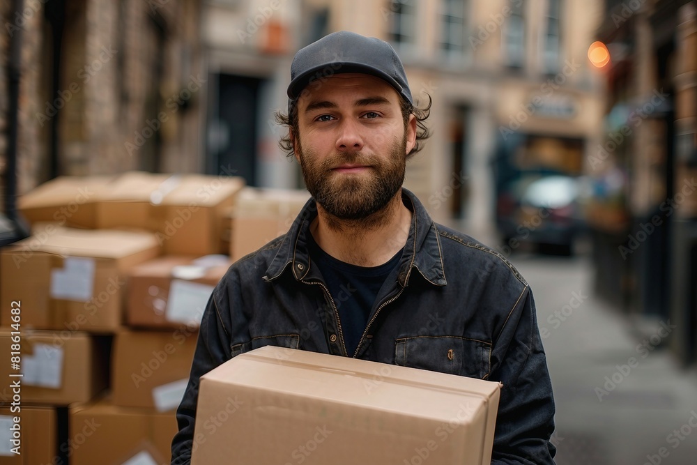 a man holding a box on a city street a man holding a box on a city street