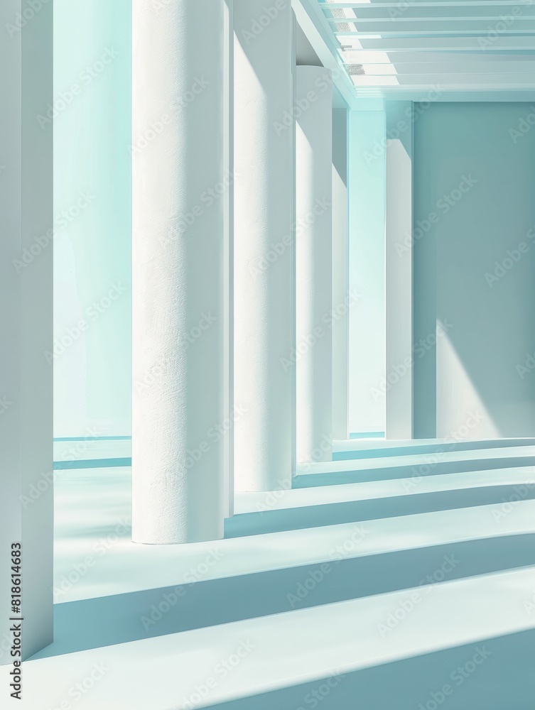 Fototapeta premium Beautiful airy widescreen minimalistic white and light blue architectural background banner with tilted columns. AI generated.