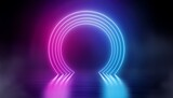 3d render, blue pink neon round frame, circle, ring shape, empty space, ultraviolet light, 80's retro style, fashion show stage, abstract background
