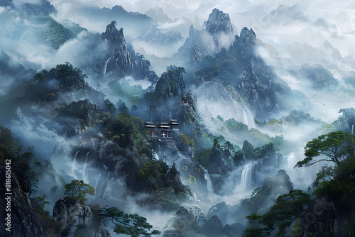Journey Through Timeless Peaks: A Glimpse into Ancient Chinese Landscapes Captured Through Xu Derived Brushwork photo