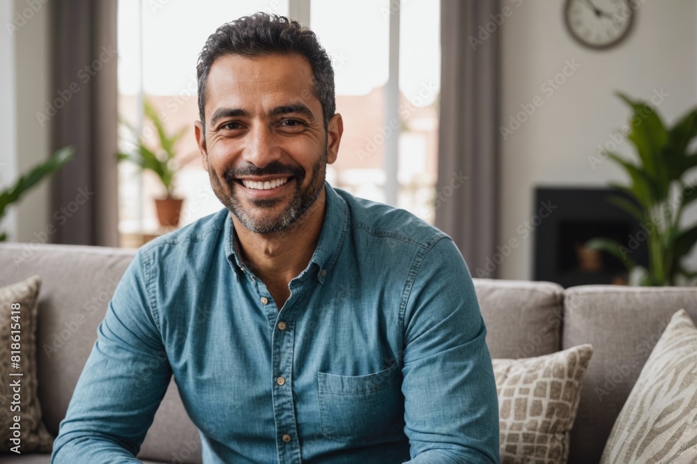 Portrait of happy latin mid adult man sitting on sofa at home. Portrait of happy latin mid adult man sitting on sofa at home.