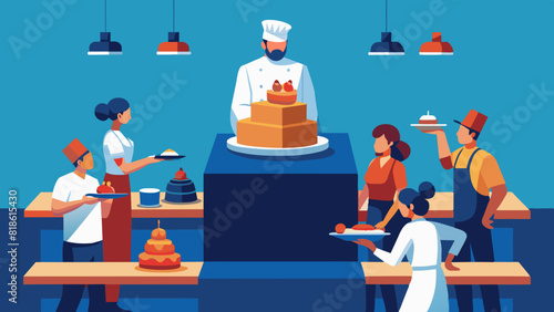 Professional Chefs and Bakers Decorating Delicious Cakes in Pastry Kitchen. International Cake Day