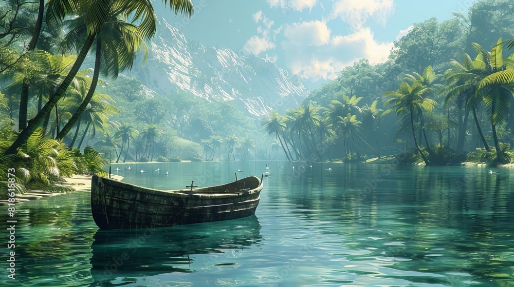 A tropical boat scene with AIgenerated palm trees reflecting in the crystalclear lake, Futuristic, Digital Painting