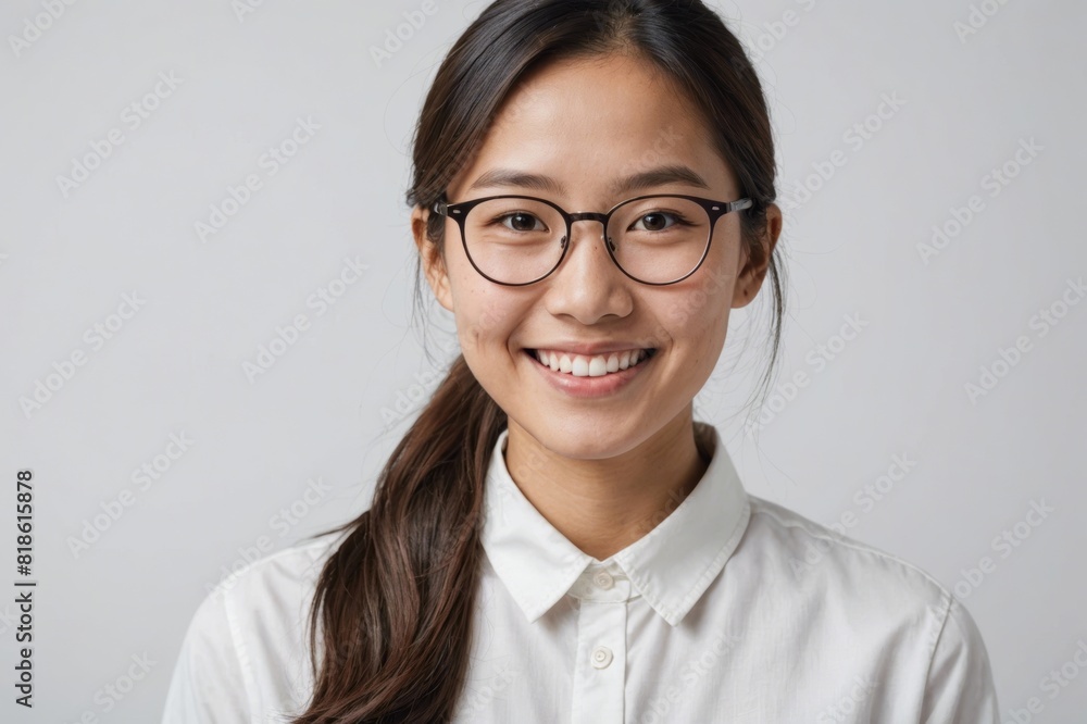 portrait of young smiling asian woman, company worker in glasses, standing over white background portrait of young smiling asian woman, company worker in glasses, standing over white background
