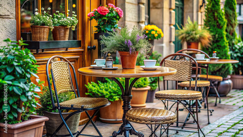 A stylish outdoor cafe setting with a product displayed on a bistro table, accented by potted plants and vintage decor  © surapong