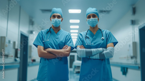 A man and a woman in green scrubs are standing in a hospital hallway.