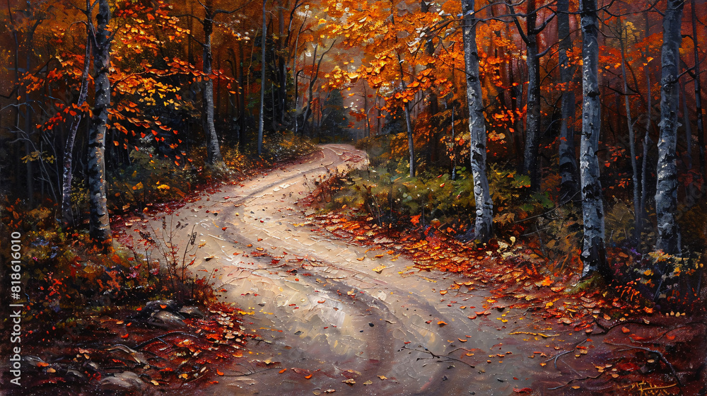 A forest path in autumn oil painting on canvas, with fallen leaves and warm, earthy colors