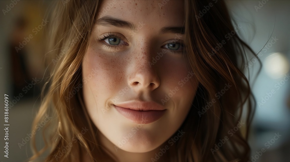 A woman with freckles and brown eyes is looking at the camera. A woman with freckles and brown eyes is looking at the camera.