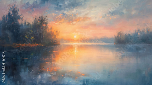 A lake at twilight oil painting on canvas  with soft  pastel colors and gentle reflections