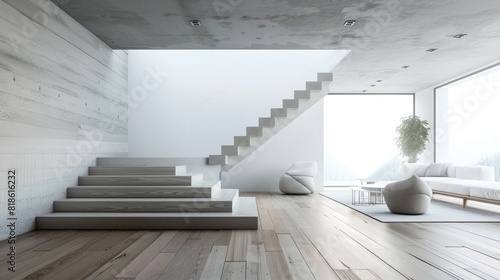 Modern  simple  clean single staircase in the house. Generative AI. Interior