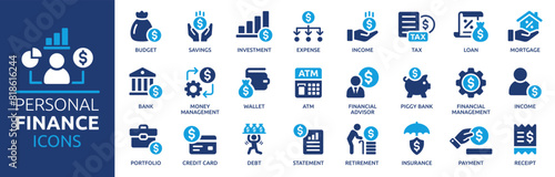 Personal finance icon set. Containing budget, savings, expense, income, tax, loan, statement, financial management, mortgage and more. Solid vector icons collection. photo