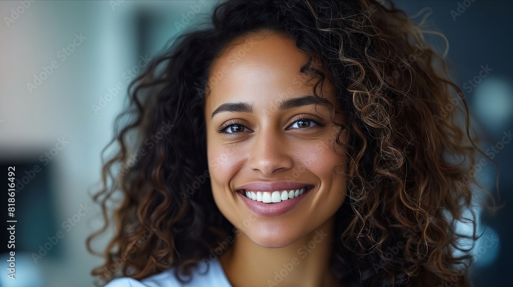 A woman with curly hair smiling. A woman with curly hair smiling.