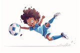 Animated cartoon boy playing soccer, joyfully diving to catch the ball, dressed in a blue uniform