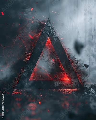 A dark, ominous triangle with glowing red light emanating from within. The triangle is set against a stormy, gray background.