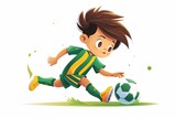 Cartoon boy playing soccer, dressed in a green and yellow uniform, running with the ball on a grassy field
