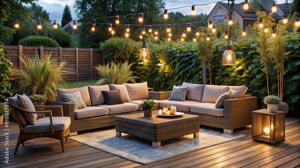 A cozy outdoor setup with comfortable seating and warm lighting, providing an inviting space to showcase your product.