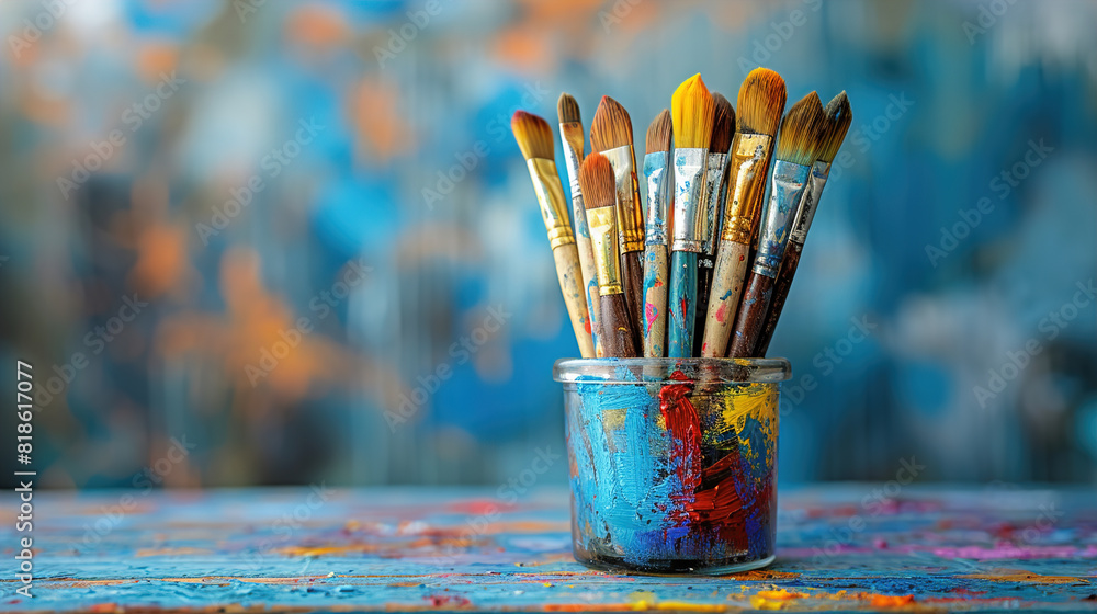 The world of artistry with painting brushes arranged in a glass cup The world of artistry with painting brushes arranged in a glass cup