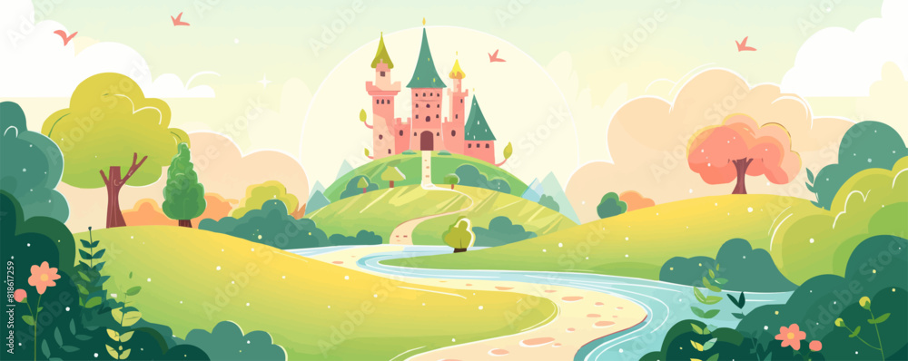 A dreamy fairy-tale castle perched atop a hill, surrounded by lush greenery and a meandering river. Vector flat minimalistic isolated illustration