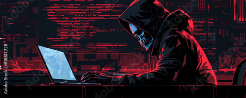 Hacker using laptop with skull planning attack. vector simple illustration