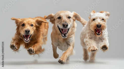 Three dogs are running and smiling