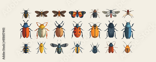Set of insects in color drawn. vector simple illustration