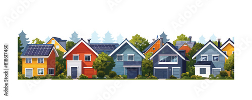 Houses with rooftop solar panels. vector simple